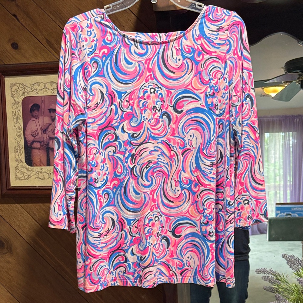 Lilly Pulitzer Pink Blue Swirl Long Sleeve Scoop Neck Top